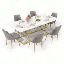 Luxurious Dining Table / Dining Table For 8–10 People / 2.5 Cm Thick Tabletop, Metal Legs / MDF Material, Marble Look / Suitable For Living Room And Dining Room, 200 * 80 Cm, White + Gold - White - View 11
