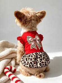 LUCKIE LABO 1pc Leopard Print Bowknot Fun Graphic Flutter Sleeve Pet Dress, Physical Anti-Flea, Reduce Shedding, Heat Insulation, Breathable, Suitable For Small And Large Dogs And Cats, Indoor And Outdoor - Multicolor - View 1