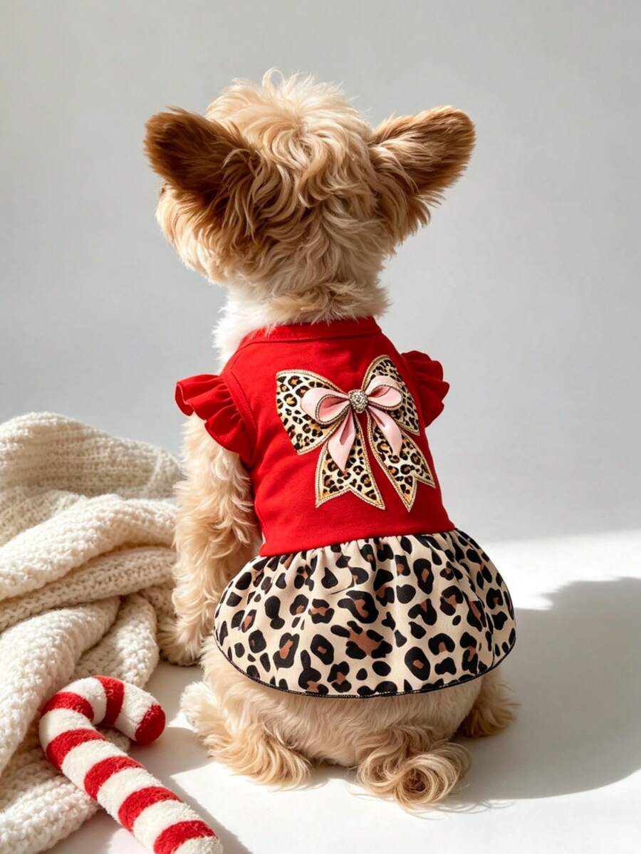 LUCKIE LABO 1pc Leopard Print Bowknot Fun Graphic Flutter Sleeve Pet Dress, Physical Anti-Flea, Reduce Shedding, Heat Insulation, Breathable, Suitable For Small And Large Dogs And Cats, Indoor And Outdoor - Multicolor - View 1