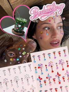 2PCS Multi-Particle 3D Asymmetric Self-Adhesive Rhinestone Petal-Shaped Brow Stickers, Y2K Holiday Gift DIY Music Festival Party Makeup Ball Face Decoration Rhinestone Stickers - Multicolor - View 1
