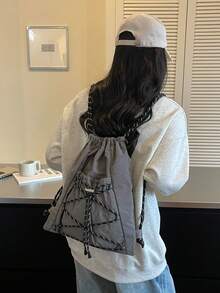Grey Drawstring Bag, Large Capacity Multi-Functional Drawstring Backpack, Fashionable Sports, Suitable For School, Commuting, Daily Casual Use, Cute Design - Grey - View 2