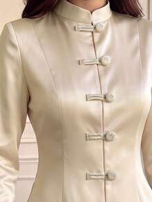 Women's Autumn Pale Yellow Satin Chinese Style Stand Collar Waist-Cinching Jacket With Front Frog Buttons, Suitable For Dating, Daily Wear And Commuting - Light Yellow - View 4