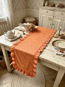 1pc Vintage Orange Ruffle Edge Table Runner, Suitable For Dining Table, Daily Home, Holiday Gathering, Afternoon Tea, Party Decoration, Lightweight Breathable Washable And Reusable - Orange - View 1