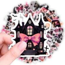 50pcs Pink & Black Halloween Cartoon Stickers, Cute Cartoon Stickers For Water Bottle, Luggage Decoration - 50pcs Pink & Black Halloween Stickers - View 1