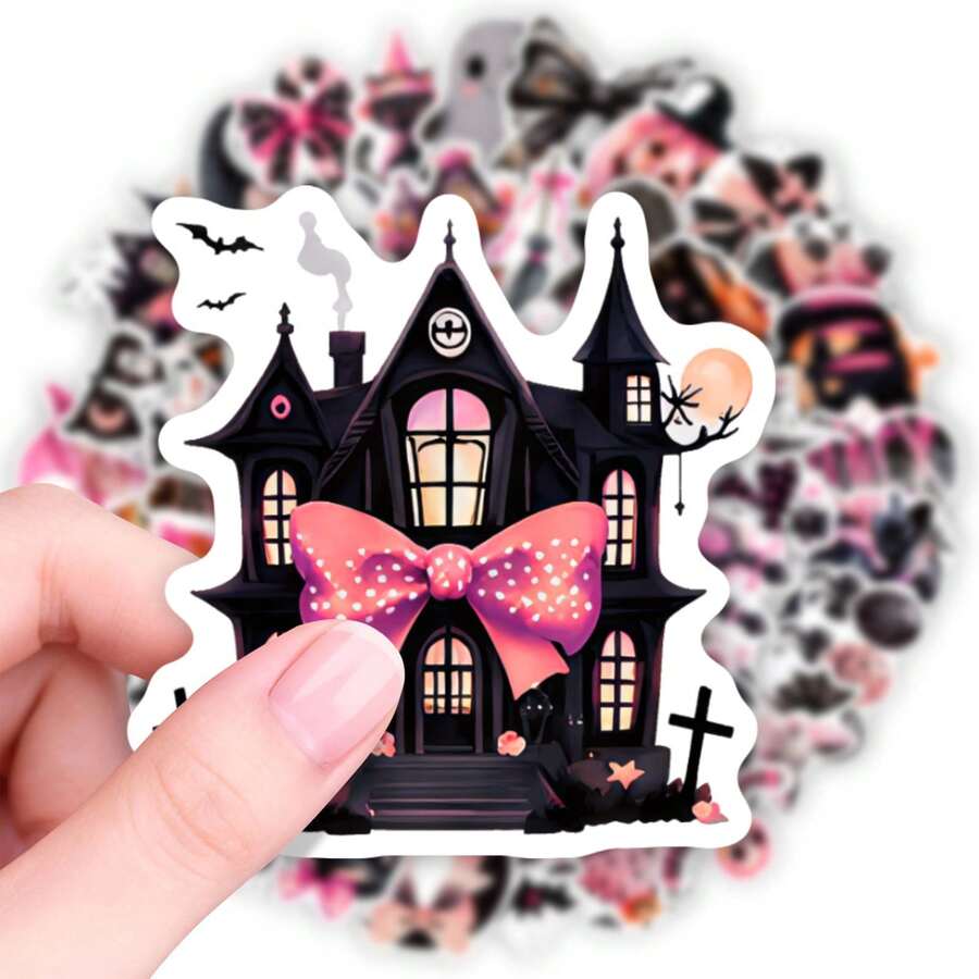 50pcs Pink & Black Halloween Cartoon Stickers, Cute Cartoon Stickers For Water Bottle, Luggage Decoration - 50pcs Pink & Black Halloween Stickers - View 1
