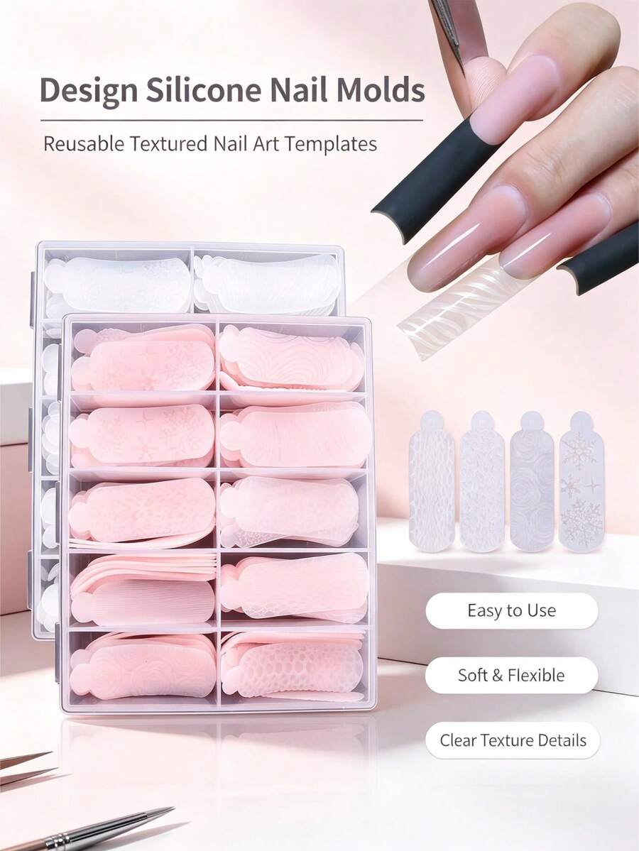 Reusable Textured Silicone Nail Extension Molds, 3D Embossed Pattern Double-Sided Nail Molds, DIY Polymer Gel Nail Art Tools, Suitable For Salon And Home Use - Multicolor - View 1
