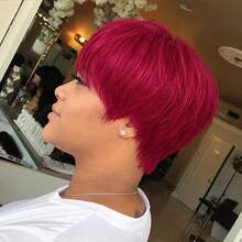 Green & BUG Red Color Layered Pixie Cut Human Hair Wigs For Women 6 Inch Short Pixie Cut Wig 150% Density Full Machine Made Wig With Bangs 1 Pc Human Hair Wig For Music Festival Daily Party Wear - SBUG - View 2