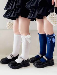 2 Pairs Girls' Bow Knee-High Socks, Elastic Comfortable Breathable Casual Holiday Birthday Party Daily Wear, Suitable For All Seasons - Multicolor - View 3