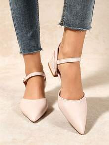 Women's Beige Pointed Toe Ankle Strap Slingback Pumps, Low Chunky Heel Elegant Casual Dating Commuting Formal Shoes - Beige - View 4