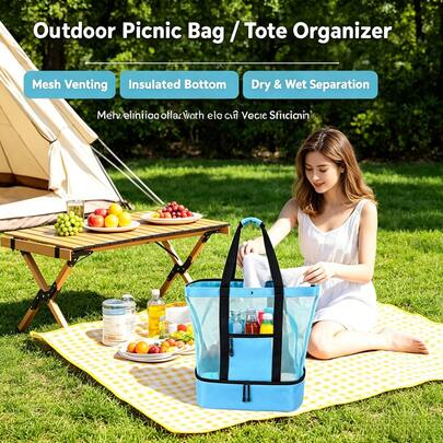 Bolsa de picnic de gran capacidad para exteriores, bolsa de playa, bolsa de viaje para playa y piscina, bolsa tote de tela Oxford, bolsa de bebidas ligera y de moda, cierre de cremallera , malla transpirable + capa aislante en la parte inferior, esencial para picnic, bolsa de comida espaciosa, bolsa de compras, bolsa aislante portátil, adecuada para playa, camping - mochila de viaje