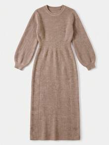 Women's Autumn/Winter Grey Brown Soft Ribbed Knit Crew Neck Lantern Sleeve Fitted Long Sweater Dress, Elegant Casual Daily Commute Layering Style - Maroon - View 9