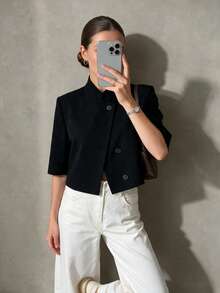 Women's Regular Fit Short Blazer, Short Sleeve Business Casual Suit Jacket, Suitable For Graduation Ceremony - Black - View 2