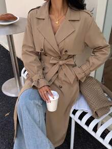 Women's Fashion Khaki Double-Breasted Mid-Length Lapel Coat, Vintage Tie Waist Long Sleeve Trench Jacket, Suitable For Autumn/Winter - Camel - View 3