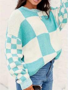 Plus Size Women Plaid Print Crew Neck Loose Casual Pullover Sweater, Autumn/Winter Fall - Mint Blue - View 3