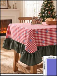 1pc Red & White Classic Small Plaid Blue Bow Print Tablecloth, Traditional Country Style Rectangular Green Leaf Edge Pleated Detail Stain-Resistant Protective Table Cover, Suitable For Christmas Family Gathering And Winter Holiday Dining Room Decor - Red - View 17