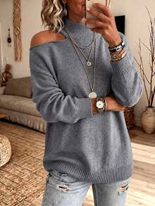 Plus-Size Women's Plush Knit Turtleneck Pullover Sweater With Asymmetric Cold-Shoulder Dropped Shoulder Design, A Must-Have For Autumn And Winter - Grey - View 4