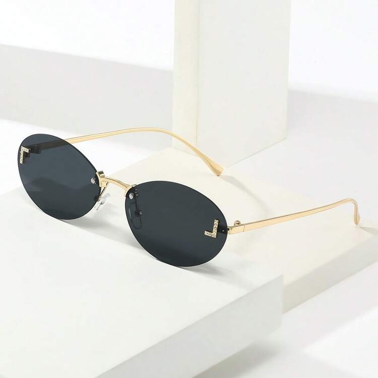 1pc Women's Rimless Metal Rhinestone Letter Y2K Style Fashion Glasses Oval Letter Decor Vintage Preppy Back To School Must-Have - Gold Frame Black and Gray Film - View 6