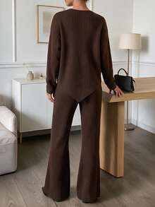 Korean Style Lazy Vertical Stripe Knit 2 Pieces Set, Waist-Cinching Split Top And High-Waist Flared Pants Commuter Outfit - Brown - View 6