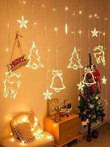 LED Christmas Curtain String Lights, Curtain Lights, Star, Christmas Tree, Bell, Reindeer Shapes, Warm White / Colorful, 8 Flashing Modes, USB Powered, Suitable For Indoor Window, Bedroom, Window, Wall, Bay Window, Fits Home Party, Store Window Holiday Decor, Christmas Party - Christmas Reindeer Bell Curtain Lights - View 2