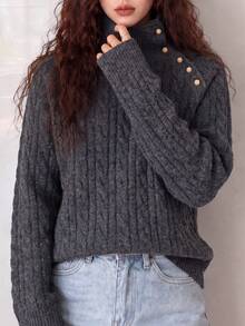 Women's New Casual Knit Pullover Sweater, Cable Knit Pattern And Decorative Buttons, Suitable For Autumn/Winter Wear. - Grey - View 4