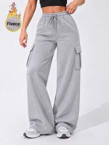 Women's High Waist Thermal Lined Cargo Sweatpants With Drawstring Elastic Waist And Side Pockets Wide Leg Casual Pants - Light Grey - View 1