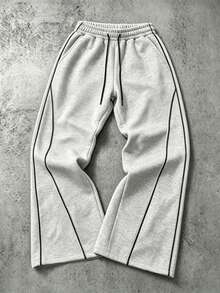 Men's Grey Loose Wide Leg Sweatpants, Drawstring Waist, Contrast Trim, Side Pockets, Open Hem - Light Grey - View 2
