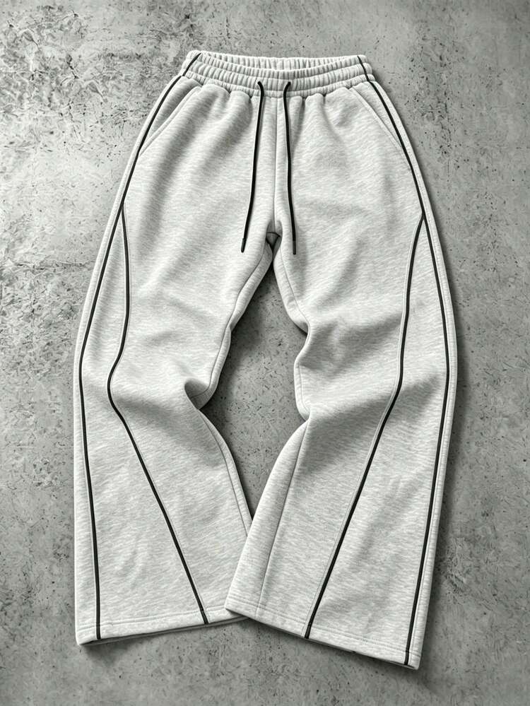 Men's Grey Loose Wide Leg Sweatpants, Drawstring Waist, Contrast Trim, Side Pockets, Open Hem - Light Grey - View 2