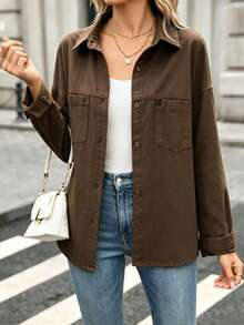 Women's Solid Color Front Button Pocket Casual Shirt - Dark Brown - View 2