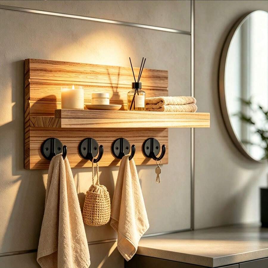 1pc Wall-Mounted Decorative Shelf Wooden Entryway Key Holder Wall Hook Coat Rack Wooden Storage Shelf In Stock - Multicolor - View 1