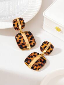 1 Pair 3D Double Layer Leopard Print Exaggerated Dangle Earrings, Gold Rim Vintage Tortoiseshell Long Earrings, Women's Wild Style Accessory - Yellow Gold - View 6