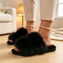 Women's Two Band Faux Fur Slide Slippers, Fluffy Open Toe House Slippers, Soft Non-Slip Indoor Bedroom Home Shoes - Black - View 3