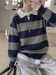 Atasan Pullover Longgar Berkerah Polo Bergaris Blok Warna Gaya Korea Baru Musim Gugur/Dingin - Biru dan abu-abu - View 4