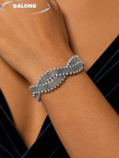 Women's Wide Metal Brushed Bracelet With Asymmetrical Rhinestone Embellishments, Exaggerated Statement Bangle For Evening And Commute