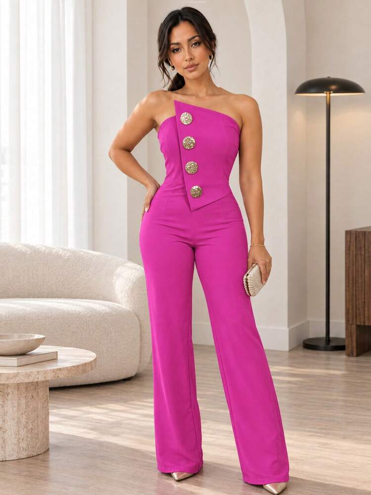 ChicMe Asymmetrical Bandeau Metal Button Decor Casual Jumpsuit - Red Violet - View 3