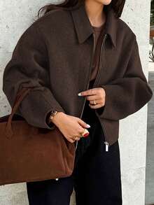 Women's Solid Color Long Sleeve Zipper Front Casual Jacket, Loose Fit Zipper Lapel Long Sleeve Outerwear, Street Style Layering Piece, Suitable For Autumn/Winter Daily Outfits - Dark Brown - View 2