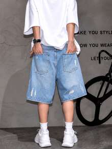 Men's Summer Street Fashion Distressed Washed Denim Shorts - Light Wash - View 2