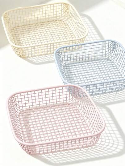 Macaron Color Metal Mesh Storage Basket Set, Square Hollow Desktop Organizer Tray, Multi-Functional Countertop Storage Rack, Suitable For Stationery, Cosmetics, Home Sundries, Home Office Use