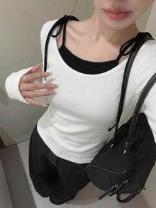 Minimalist Layered Lace-Up Crew Neck T-Shirt, 2 In 1 Top - White - View 5