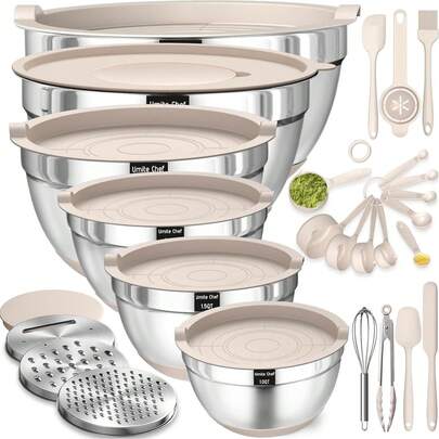 26 PCS Mixing Bowls With Airtight Lids Set, 26PCS Stainless Steel Khaki Bowls With Grater Attachments, Non-Slip Bottoms & Kitchen Gadgets Set, Size 7, 4, 2.5, 2.0,1.5, 1QT, Great For Mixing & Serving, Kitchen Storage, Father's Day Gift, Men's Gift