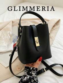 Women's Casual Crossbody Bucket Bag - Solid Color, Double Layer PU Material Handbag, Magnetic Closure, Adjustable Shoulder Strap - Lightweight Design, Suitable For Commuting, Casual And Dating, Minimalist Style, Versatile - Black - View 2