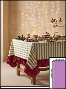 1pc Green & White Thin Striped With Burgundy Ruffle Edge Tablecloth, Christmas Holiday Style Fabric Material, Rectangular Burgundy Ruffle Edge Patchwork Detail, Stain-Resistant Protection, Tabletop Decoration And Beautification Function, Suitable For Christmas Dessert Table Arrangement And Holiday Party Scenes - Red - View 17