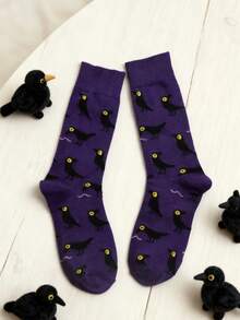 1 Pair Purple Crow Cartoon Jacquard Women's Mid-Calf Socks, Personalized Dark Style Fun Mid-Calf Socks, Halloween Outfit Socks - Multicolor - View 9