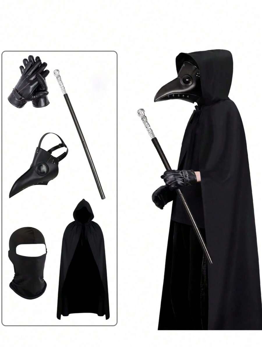 5pcs Medieval Dark Adult Horror PU Steampunk Plague Doctor Bird Mask Oversized Cloak, Suitable For Costume Party, Role Play, Carnival, With Adjustable Strap - Black - View 1