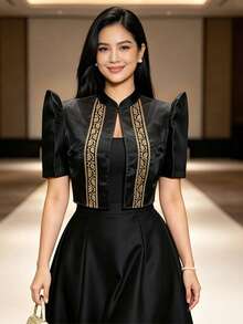 現代菲律賓風上衣 蝴蝶袖 Filipiniana 女款優雅印花泡泡短袖上衣 - 黑色 - 查看 5