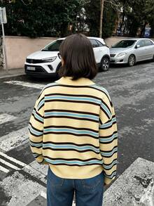MORI 女款秋冬毛衣，優雅休閒 Y2K 風格，黃色條紋 Polo 領，落肩寬鬆長袖針織套頭上衣 - 嫩黃 - 查看 5