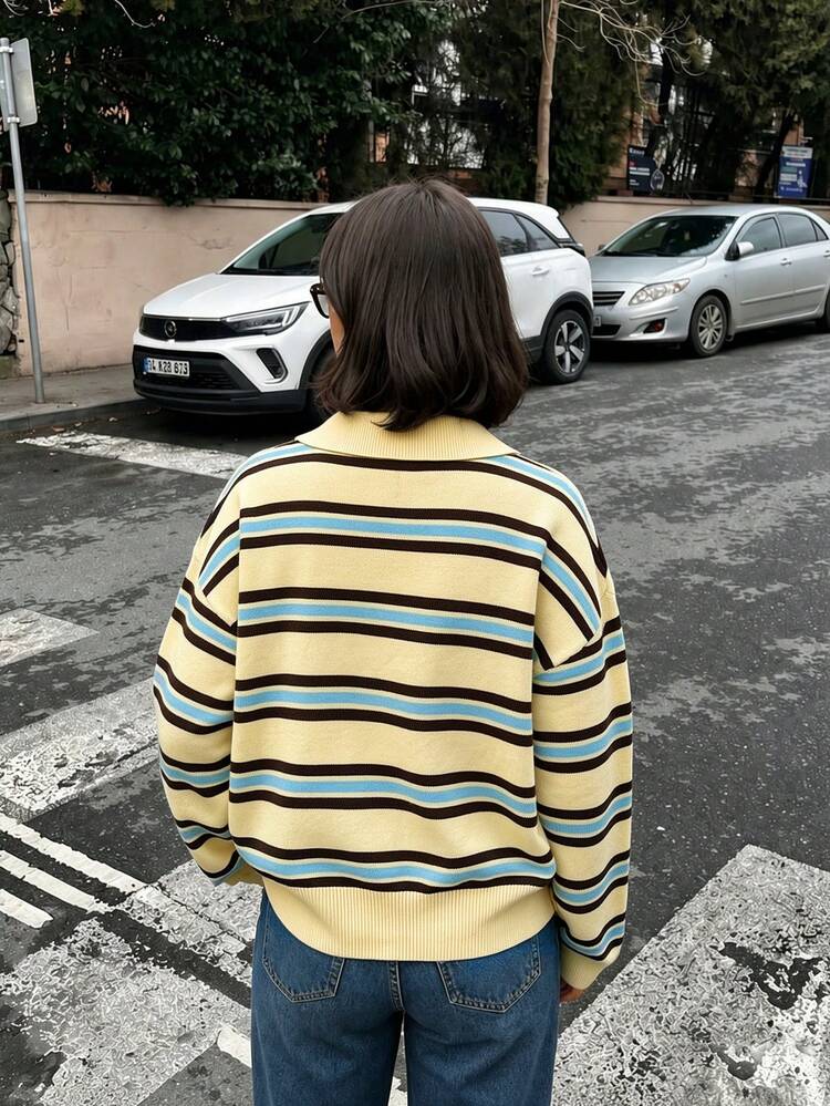 MORI Women's Autumn/Winter Sweater, Elegant Casual Y2K Style, Yellow Striped Polo Collar, Dropped Shoulder Loose Long Sleeve Knit Pullover Top - Light Yellow - View 5