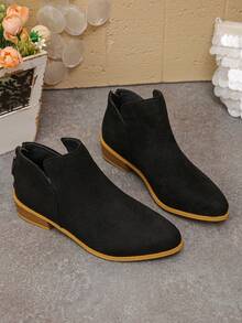 Women's Comfortable Round Toe Suede V-Cut Back Zipper Low Heel Black Ankle Boots Casual Style Autumn/Winter New Daily Wear - Black - View 5
