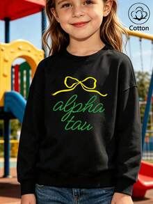 Children's Casual Round-Neck Sweatshirt, Long-Sleeve Round-Neck Sweatshirt With Line-Patterned Bow Print - Black - View 1