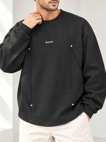 1pc Black Casual Men's Long Sleeve Sweatshirt, Men's Casual Top, Round Neck Ribbed Collar, Minimalist Casual Style, Machine Washable, Suitable For Work Commute, Campus Commute, Home Leisure, Sports Exercise, Short Trips, Daily Men's Outfit