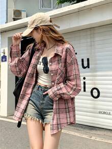 YUXIN Women's American Niche Vintage Plaid Long Sleeve Shirt, Versatile Loose Street Style, Spring/Autumn Essential Shirt - Pink - View 6